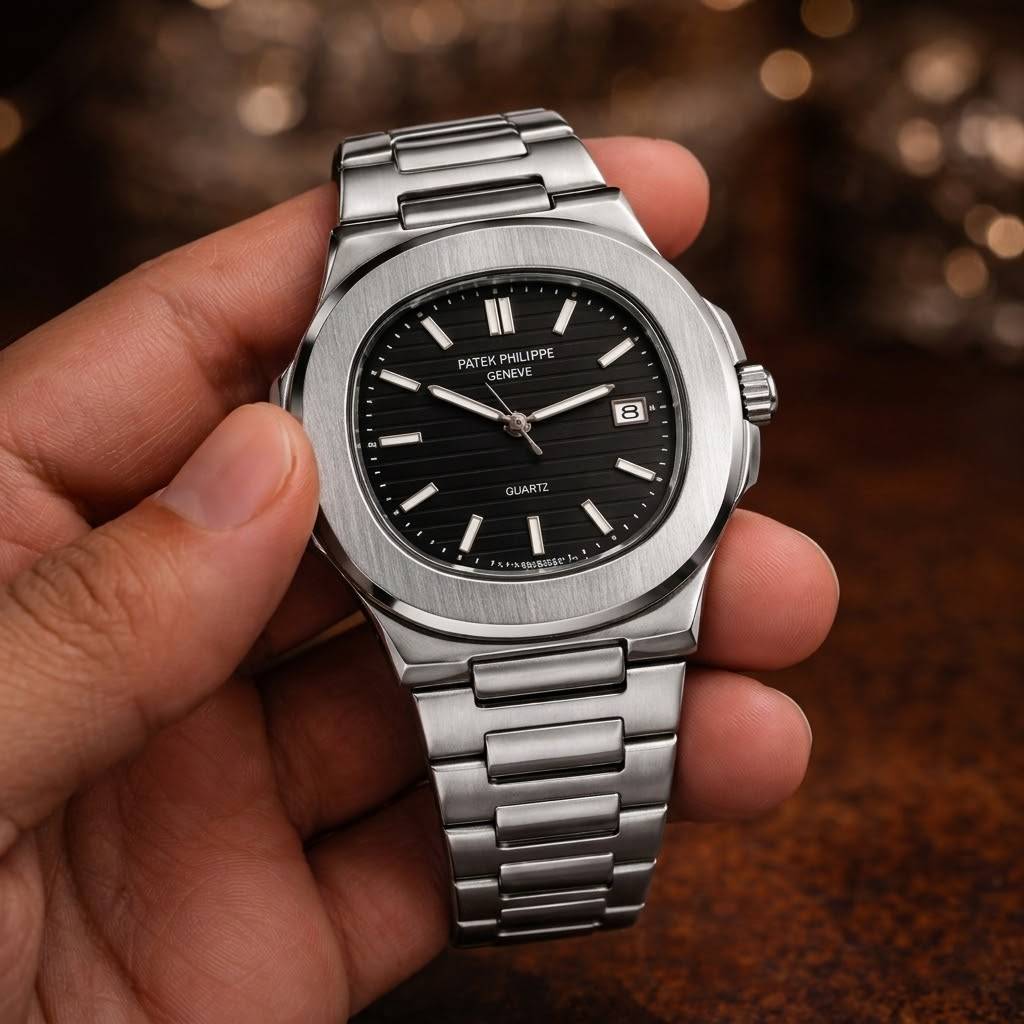 Patek Philippe Black Dial Silver Chain